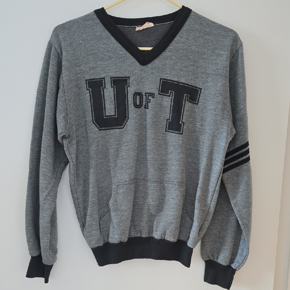 Gray V-Neck Sweater with Black Accents